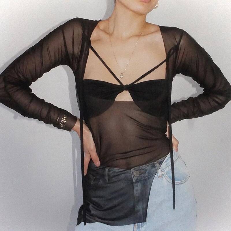 Sexy See Through Techwear Tops - Kawaii Stop - Black, Blouses &amp; Shirts, Camis &amp; Tops, Clothes, Cyber, Dark, Goth, Halter Tops, Lace Up, Mesh, Patchwork, Punk, See Through, Sexy, Split, Summer, T-Shirts, Techwear, Tops &amp; Tees, Tops6971, Women, Women's Clothing &amp; Accessories, Y2k