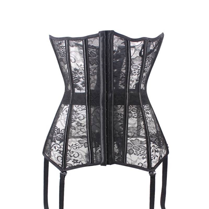 Sexy Sheer Corset Bustier With Garters - Kawaii Stop - Autumn, Black, Buckle Plastic Boned, Bustier, Corset, garter, Lace-Up Back, Pin-Up, Polyester, Sexy, Sexy Lingerie, Sexy Products, Shaping Body, Sheer, Slimming, Spandex, Spring, Summer, Waist Training, Winter, Women's