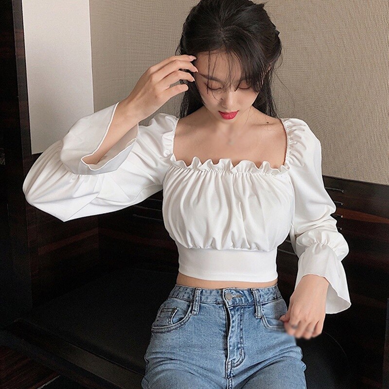 Exposed Women's Long Sleeve Shirts - Kawaii Stop - Blouses, Blouses &amp; Shirts, Blus, chic, Elastic, Long Sleeve, Navel Exposed, Puff Sleeve, Retro, Sexy, Shirt, Slash Neck, Solid, Spring, Summer, Tops &amp; Tees, Women's, Women's Clothing &amp; Accessories