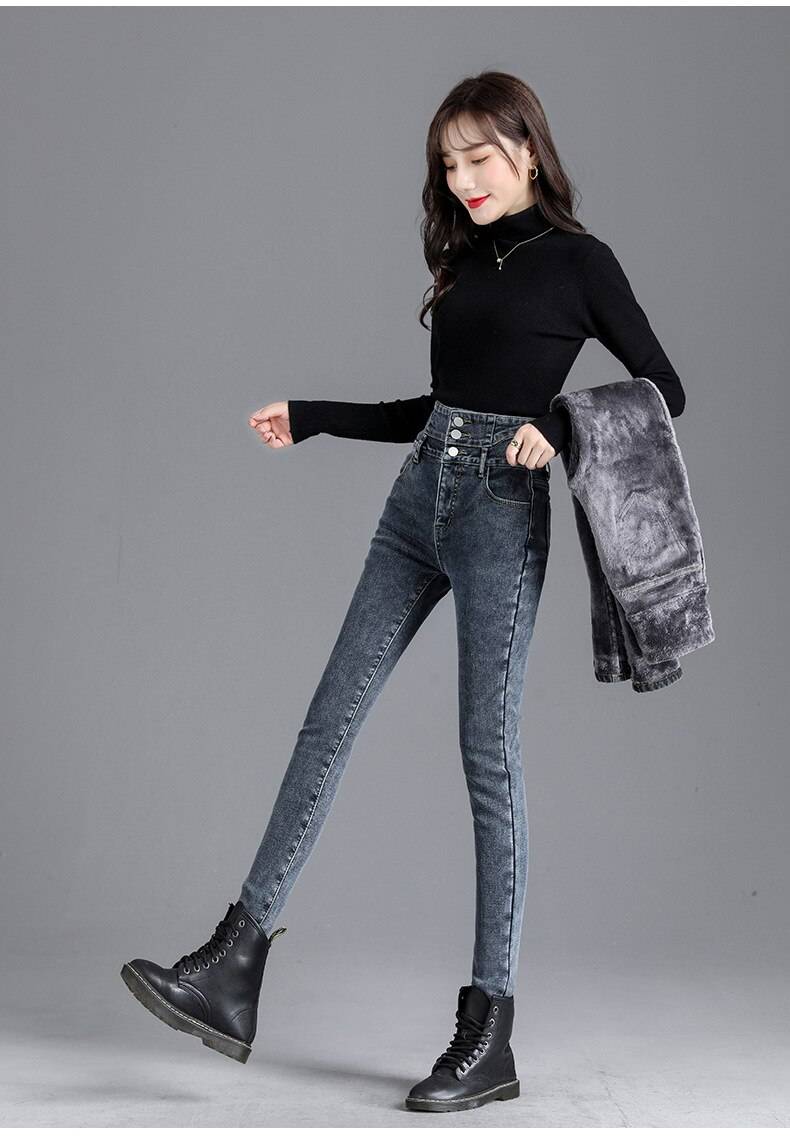Thick Fleece High-waist Skinny Jeans - Kawaii Stop - Bottoms, Button, Casual, Fleece, High Waist, Jeans, Leggings, Mom, Pants, Pencil, Skinny, Stretch, Thick, Velvet, Warm, Winter, Women, Women's Clothing &amp; Accessories
