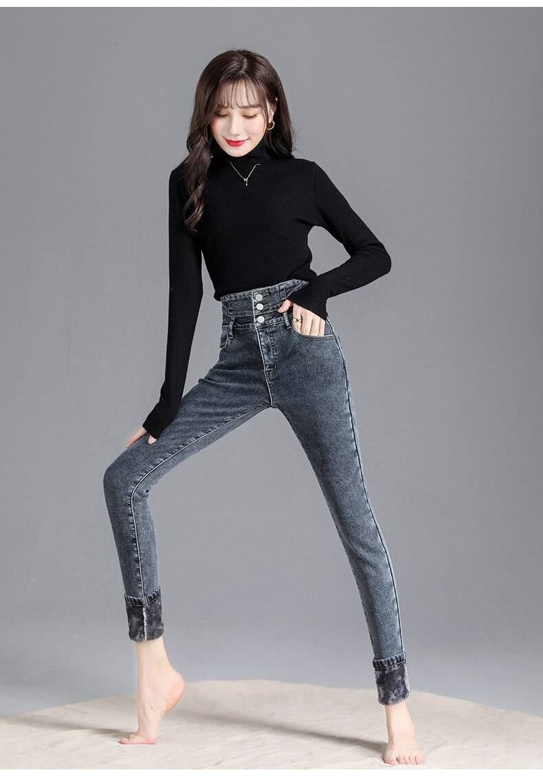 Thick Fleece High-waist Skinny Jeans - Kawaii Stop - Bottoms, Button, Casual, Fleece, High Waist, Jeans, Leggings, Mom, Pants, Pencil, Skinny, Stretch, Thick, Velvet, Warm, Winter, Women, Women's Clothing &amp; Accessories