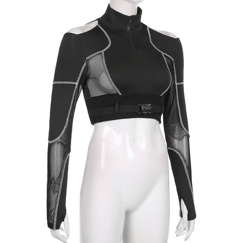 Tron Techwear Top - Kawaii Stop - Black, Buckle, Camis &amp; Tops, Cropped Tops, Dark, Goth, Grunge, Hip Hop, Open Shoulder, Patchwork, Punk, Sexy, Skinny, Streetwear, T-Shirts, Techwear, Tops &amp; Tees, Tops6971, Women, Women's Clothing &amp; Accessories