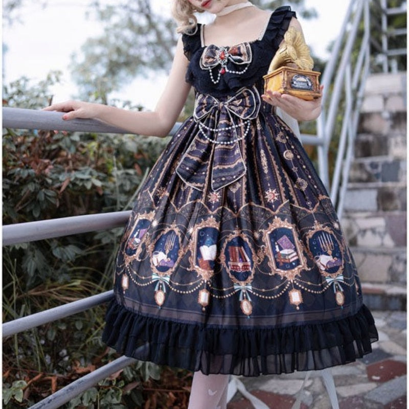 Elegant Princess Gothic Lolita JSK Dress - Kawaii Stop - All Dresses, Black, Bow, Dress, Dresses, Elegant, Girly, Gothic, JSK, Lolita, Lolita Dresses, Party, Princess, Sleeveless, Star, Strap, Sweet, Victoria, Vintage, Women, Women's Clothing &amp; Accessories