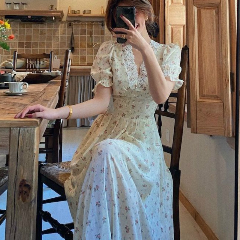 Vintage Floral Dress for Women - Kawaii Stop - All Dresses, Chiffon, Dress, Dresses, Elegant, Fall, Floral, For Women, Korean, Lace, Midi, Party, Puff Sleeve, V-Neck, Vintage, Women, Women's Clothing &amp; Accessories
