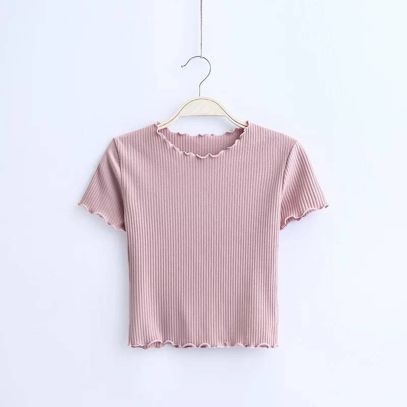 Ruffle Trim Crop Top - Kawaii Stop - Camis &amp; Tops, Cotton, O-Neck, Short, Short Sleeve, Slim Fit, T-Shirts, Top, Tops &amp; Tees, Vintage, Women, Women's Clothing &amp; Accessories