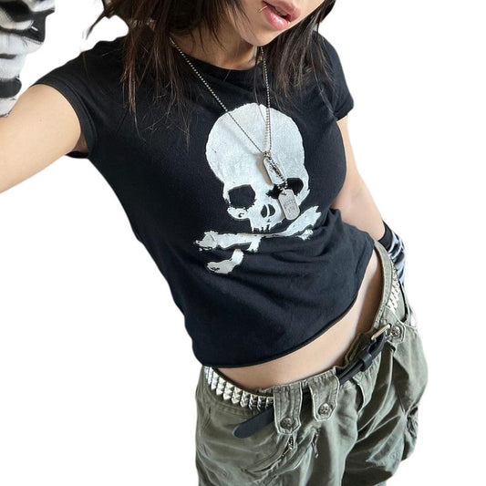 Skull and Cross Bones T-Shirts - Kawaii Stop - 2000s, Aesthetic, Crop Tops, Goth Clothes, Grunge, Pirate Flag, Short Sleeve, Skull and Cross bones, Streetwear, Summer, T-Shirts, Tees, Tops &amp; Tees, Trashy, Women, Women's Clothing &amp; Accessories, Young Girls