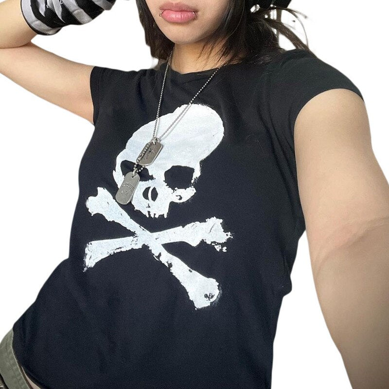 Skull and Cross Bones T-Shirts - Kawaii Stop - 2000s, Aesthetic, Crop Tops, Goth Clothes, Grunge, Pirate Flag, Short Sleeve, Skull and Cross bones, Streetwear, Summer, T-Shirts, Tees, Tops &amp; Tees, Trashy, Women, Women's Clothing &amp; Accessories, Young Girls