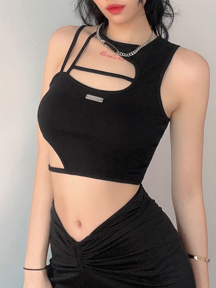 Sexy Hollow Out Techwear Tee - Kawaii Stop - Black, Cool, Crop Top, Crop Tops, Hollow Out, New, Punk, Sexy, Skinny Tops, Sleeveless, Spring, Summer, T-Shirts, Techwear, Tees, Tops &amp; Tees, Tops6971, Women, Women's Clothing &amp; Accessories