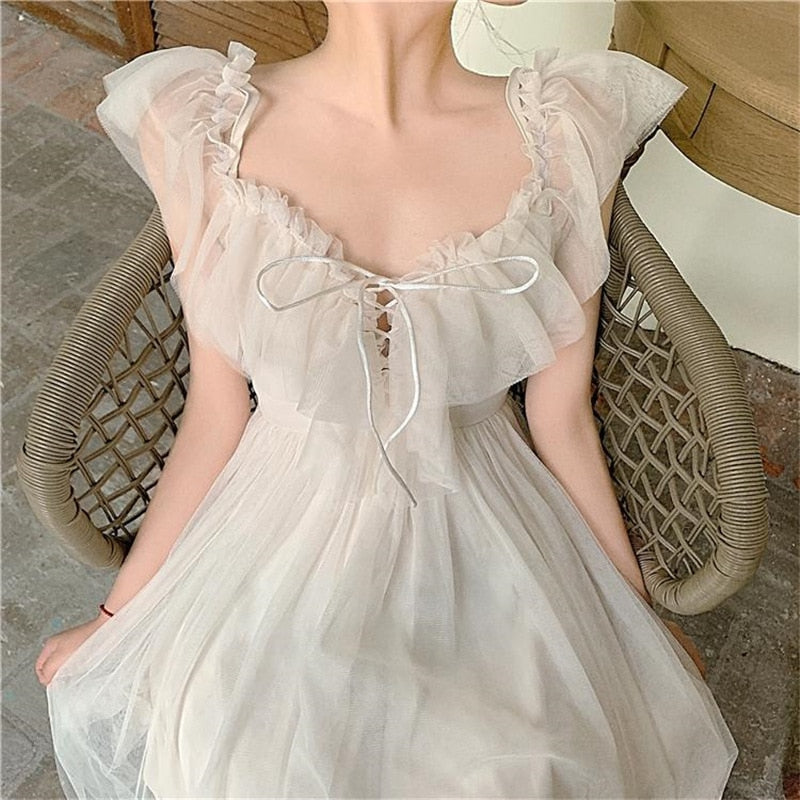 Japanese Fairy Party Dress - Kawaii Stop - All Dresses, Dress, Dresses, Elegant, Fairy, Fashion, Japanese, Kawaii, Lace Up, Lolita Dresses, Mesh, Party, Ruffle, Sexy, Short Sleeve, Summer, Sweet, V-Neck, White, Women, Women's Clothing &amp; Accessories