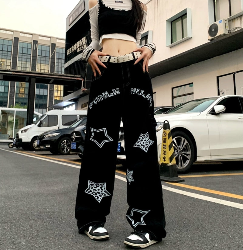 Harajuku-Inspired Retro Star Print Trousers - Kawaii Stop - Autumn, Black, Bottoms, Casual, Harajuku, High Waist, Hip Hop, Jeans, Oversized, Pants &amp; Capris, Retro, Star Print, Street, Trousers, Wide Leg, Women, Women's Clothing &amp; Accessories
