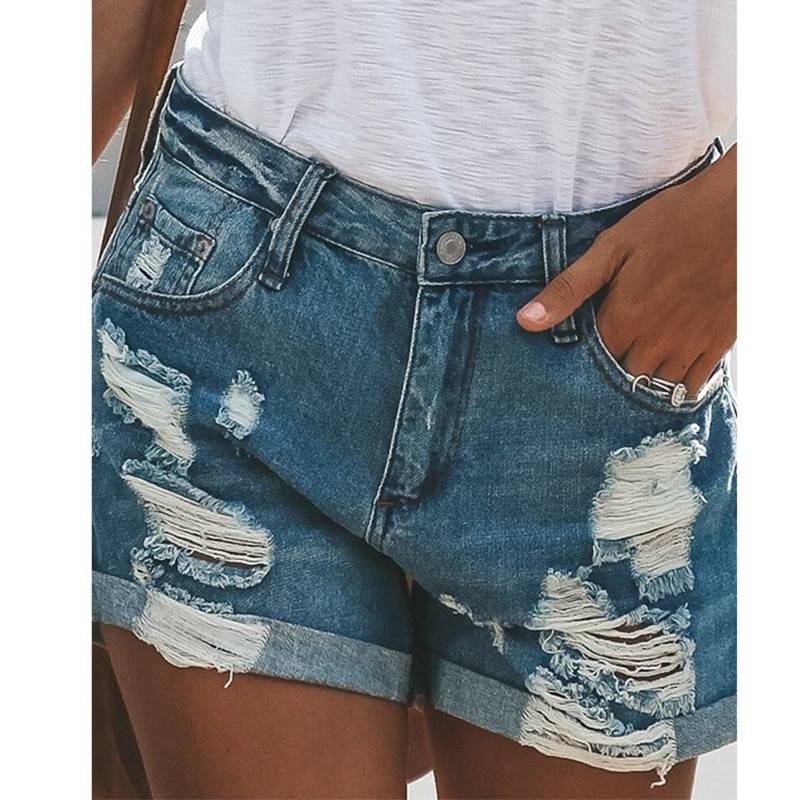 Ripped Denim Shorts - Kawaii Stop - Adorable, Bottoms, Button, Button Fly, Casual, Cotton, Cute, Denim, Fashion, Harajuku, Japanese, Kawaii, Korean, Mid-Waist, Patchwork, Ripped, Shorts, Spandex, Straight, Women's Clothing &amp; Accessories