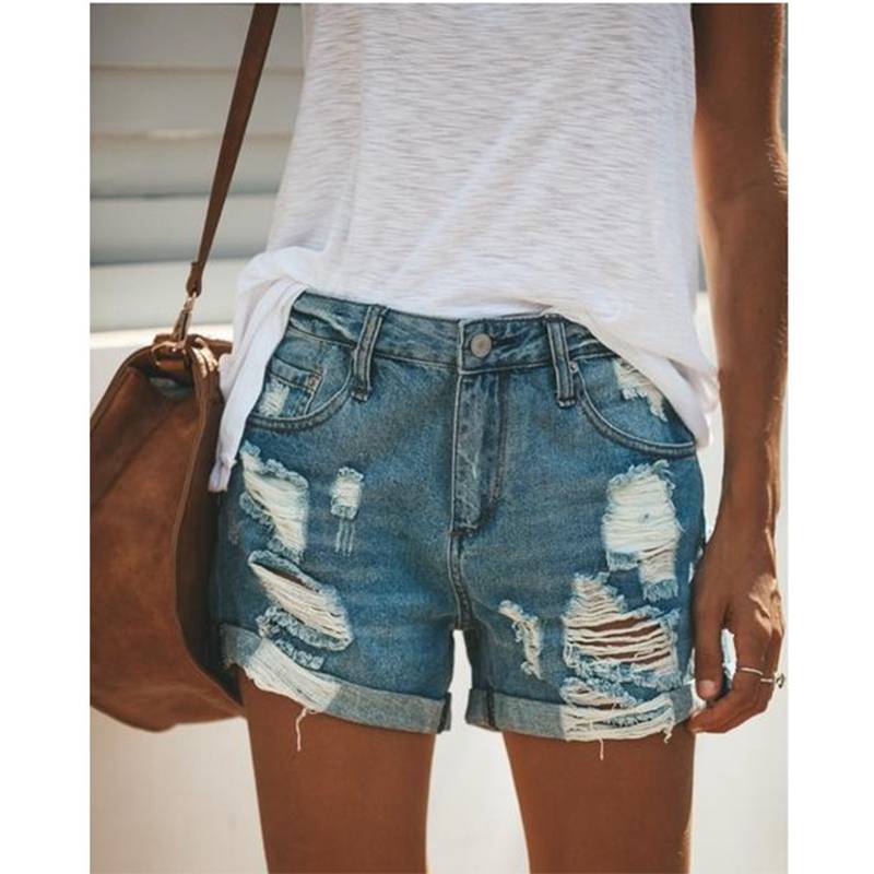 Ripped Denim Shorts - Kawaii Stop - Adorable, Bottoms, Button, Button Fly, Casual, Cotton, Cute, Denim, Fashion, Harajuku, Japanese, Kawaii, Korean, Mid-Waist, Patchwork, Ripped, Shorts, Spandex, Straight, Women's Clothing &amp; Accessories