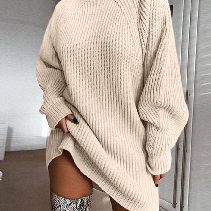 V Neck Ruffle Knitted Sweater Dress - Kawaii Stop - Above Knee, Adorable, All Dresses, Autumn, Casual, Cotton, Cute, Dress, Dresses, Fashion, Harajuku, Japanese, Kawaii, Knitted, Korean, Loose, Mini, Natural, Ruffle, Solid, Sweater, Turtleneck, V-Neck, Winter, Women's Clothing &amp; Accessories