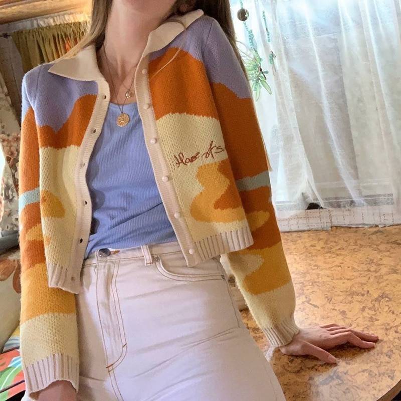 House Of Sunny Day Tripper Cardigan - Kawaii Stop - Autumn, Camis &amp; Tops, Cardigan, Cardigans, Colorful, Day Tripper, Fashion, House Of Sunny, Orange, Outerwear, Polyester, Sunset, Sweater, Sweaters, Textile, Tops &amp; Tees, Turn-Down Collar, Women's, Women's Clothing &amp; Accessories