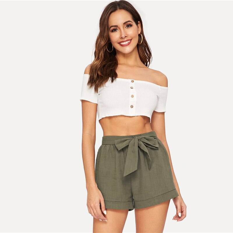 Women's Elastic Waist Belted Army Green Shorts - Kawaii Stop - Belted Design, Bottoms, Casual Fashion, Chic and Effortless Look, Elastic Waistband, Lightweight Comfort, Polyester Material, Shorts, Stay Stylish, Trendy Style, Utility-Inspired, Women's Clothing &amp; Accessories, Women's Elastic Waist Belted Army Green Shorts