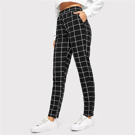 Women's Elegant Square Printed Skinny Pants - Kawaii Stop - Bottoms, Casual Fashion, Chic Style, Effortless Elegance, Elastic Waist, Everyday Fashion, Full Length, Pants &amp; Capris, Polyester and Spandex Blend, Sleek and Fashionable, Trendy Look, Versatile Styling, Women's Clothing &amp; Accessories, Women's Elegant Square Printed Skinny Pants