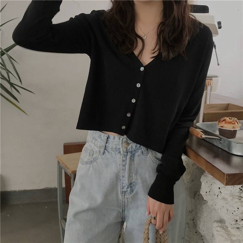Women's Knitted Cropped Cardigan - Kawaii Stop - Acrylic Material, Cardigans, Chic and Comfortable, Cozy Style, Fall and Winter Fashion, Full Sleeve, Layering Piece, Stay Stylish and Warm, Trendy Look, V-Neck Collar, Versatile Styling, Women's Clothing &amp; Accessories, Women's Knitted Cropped Cardigan