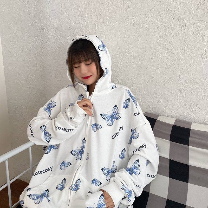 Loose Butterfly Hoodie - Kawaii Stop - Autumn, Butterfly, Harajuku, Hooded, Hoodie, Hoodies, Hoodies &amp; Sweatshirts, Loose, Outerwear, Oversized, Plus Size, Polyester, Printed, Spring, Sweatshirt, Tops &amp; Tees, Women, Women's, Women's Clothing &amp; Accessories, Zipper