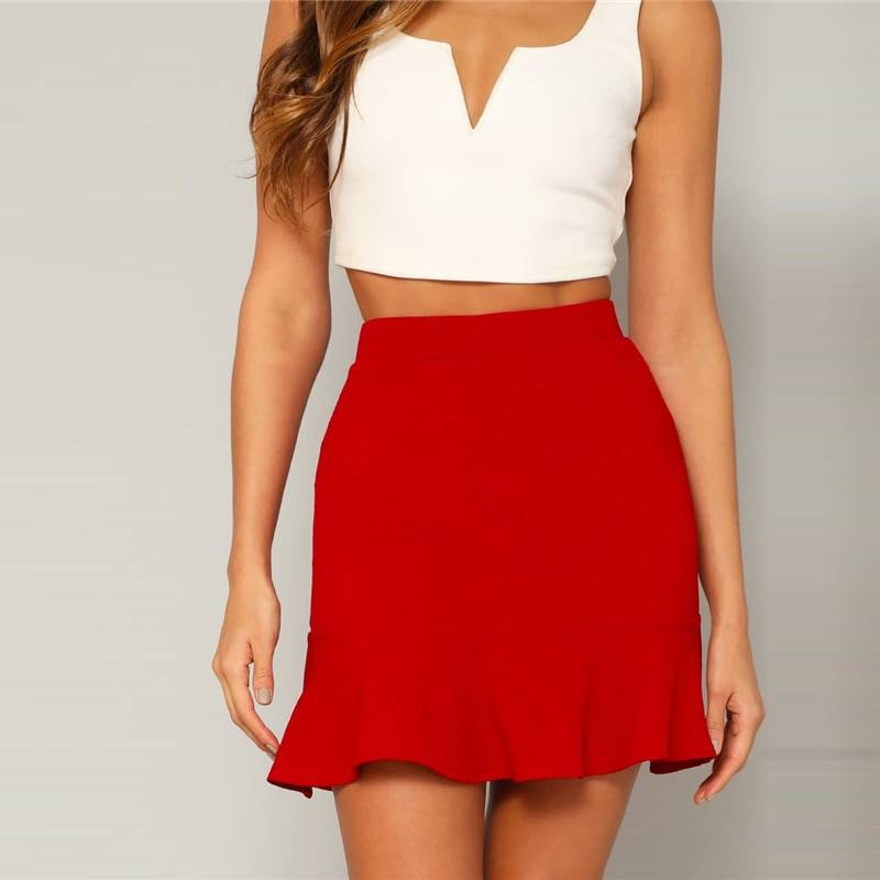 Women's Mini Red Skirt - Kawaii Stop - A-Type Silhouette, Bold and Trendy, Bottoms, Chic Fashion, High Waist, Mini Length, Polyester and Spandex Blend, Skirts, Statement-Making, Vibrant Design, Women's Clothing &amp; Accessories, Women's Mini Red Skirt