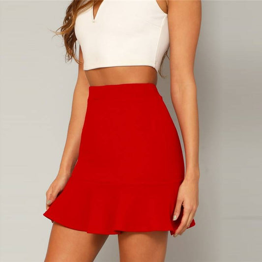Women's Mini Red Skirt - Kawaii Stop - A-Type Silhouette, Bold and Trendy, Bottoms, Chic Fashion, High Waist, Mini Length, Polyester and Spandex Blend, Skirts, Statement-Making, Vibrant Design, Women's Clothing &amp; Accessories, Women's Mini Red Skirt