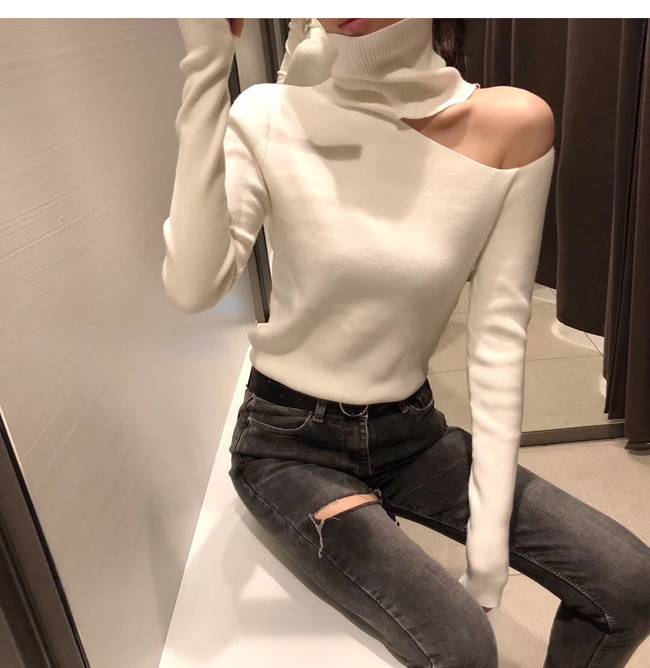 Off Shoulder Knitted Sweater - Kawaii Stop - Acrylic, Black, Cashmere, Clothing, Comfy, Cotton, Cuty, Female, Jumper, Kawaii, Knitted, Long Sleeve, Off Shoulder, Pullovers, Sexy, Sweater, Sweaters, Tops &amp; Tees, Turtleneck, White, Women, Women's Clothing &amp; Accessories