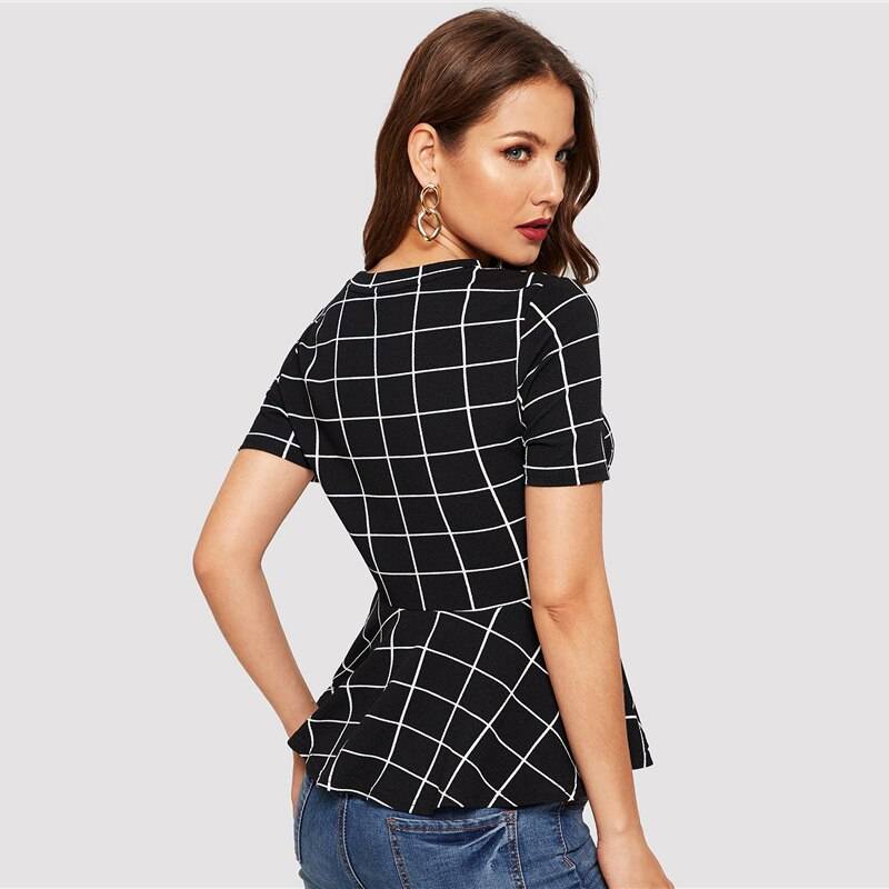 Women's Plaid Design Black Blouse - Kawaii Stop - Blouses &amp; Shirts, Chic Fashion, Classic Plaid Print, Polyester and Spandex Blend, Ruffled Details, Short Sleeve, Sophisticated Design, Stylish and Versatile, Trendy and Elegant, Women's Clothing &amp; Accessories, Women's Plaid Design Black Blouse