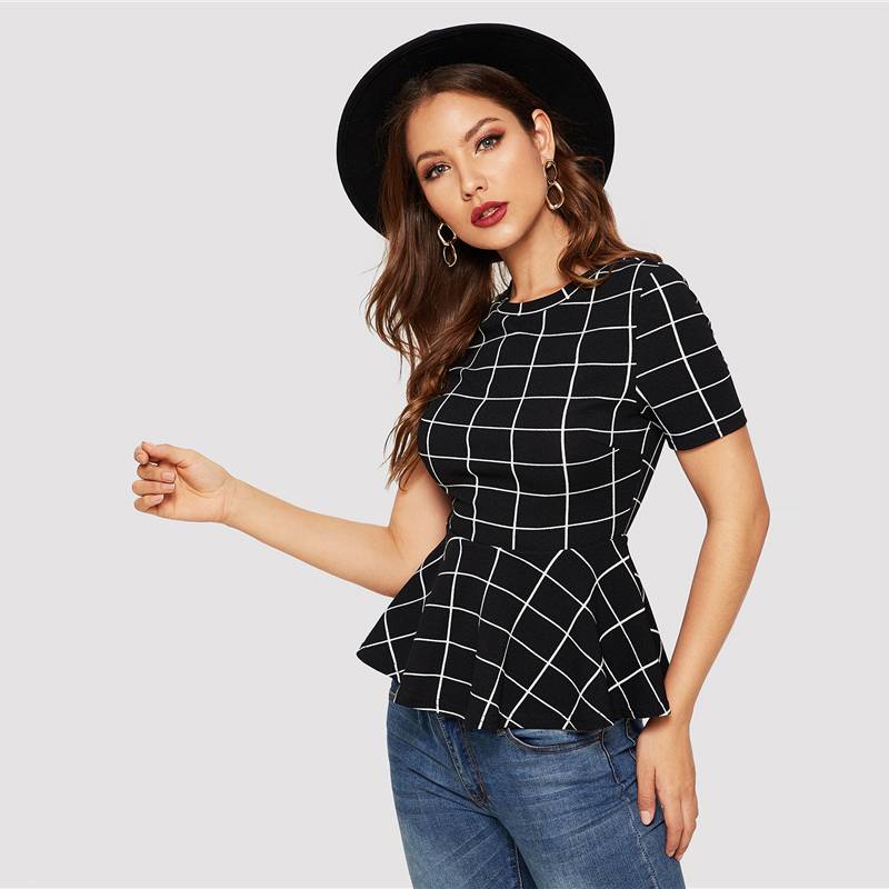 Women's Plaid Design Black Blouse - Kawaii Stop - Blouses &amp; Shirts, Chic Fashion, Classic Plaid Print, Polyester and Spandex Blend, Ruffled Details, Short Sleeve, Sophisticated Design, Stylish and Versatile, Trendy and Elegant, Women's Clothing &amp; Accessories, Women's Plaid Design Black Blouse