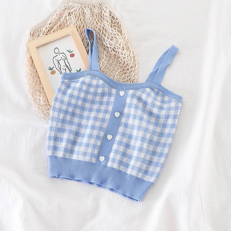 Knitted Plaid Crop Top - Kawaii Stop - Buttons, Camis, Camis &amp; Tops, Crop Tops, Cute, Knitting, Ladies, Plaid, Polyester, Sleeveless, Solid, Tank Tops, Top, Tops &amp; Tees, Women's, Women's Clothing &amp; Accessories