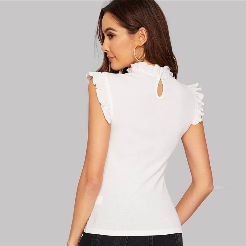 Women's Ruffle Design White Tee - Kawaii Stop - and Spandex Blend, Casual Chic, Chic Fashion, Cotton, Effortless Elegance, Polyester, Ruffles and Sleeveless, Stylish and Comfortable, T-Shirts, Tops &amp; Tees, Versatile and Fashionable, Women's Clothing &amp; Accessories, Women's Ruffle Design White Tee