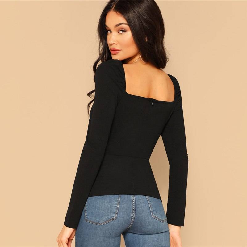 Women's Sexy Black Heart Shaped Top - Kawaii Stop - Blouses &amp; Shirts, Bold and Seductive, Heart Shaped Neck, Polyester and Spandex Blend, Puff Long Sleeve, Romantic Design, Statement-Making, Sultry Fashion, Turn Heads and Feel Confident, Women's Clothing &amp; Accessories, Women's Sexy Black Heart Shaped Top