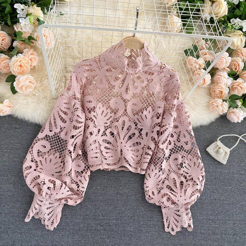 Lace Hollowed Out Blouses - Kawaii Stop - Autumn, Blouse, Blouses &amp; Shirts, Casual, Crop, Crop Top, Cute, Elegant, Female, Hollow Out, Lace, Lantern, Long Sleeve, Polyester, Puff Sleeve, Sexy, Shirts, Short, Spring, Stand Collar, Tops, Tops &amp; Tees, Women's Clothing &amp; Accessories, Women's Sheer