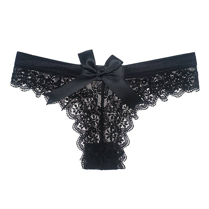 Women's Solid Laced Thong - Kawaii Stop - Black, Bow, Breathable, Comfortable, G-String, Intimates, Lace, Low-Waist, Nylon, Panties, Solid, Spandex, Thong, White, Women's Clothing &amp; Accessories
