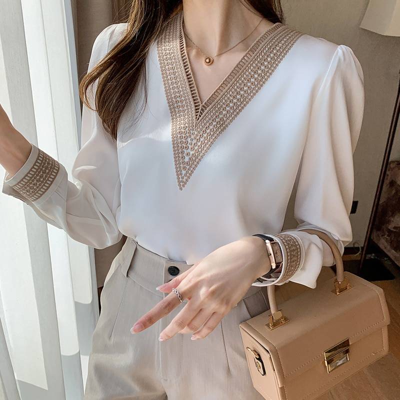 Women's White Long Sleeve Summer Blouse - Kawaii Stop - Blouse, Blouses &amp; Shirts, Fresh and Elegant, Lightweight Polyester Material, Long Sleeve, Outerwear, Perfect for Summer, Stay Cool and Stylish, Summer, Tops &amp; Tees, V-Neck Collar, White, Women's, Women's Clothing &amp; Accessories, Women's White Long Sleeve Summer Blouse