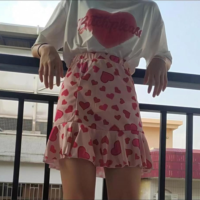 Kawaii Pink Heart Mermaid Skirt - Kawaii Stop - Bottoms, Elastic, Heart Print, High Waist, Mermaid Skirt, Mini Skirts, Pink, Ruffles, Sexy, Short Skirts, Skirts, Streetwear, Summer, Woman, Women, Women's Clothing &amp; Accessories