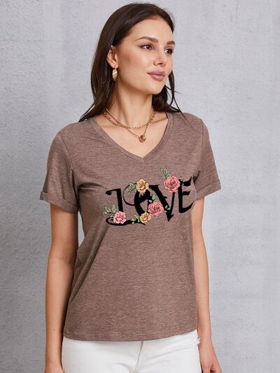 LOVE V-Neck Short Sleeve T-Shirt - Kawaii Stop - Comfortable, Date Night, Early Spring Collection, Elastane, Everyday Essential, L@W@K, Must-Have, Opaque, Polyester, Ship From Overseas, Shipping delay February 6 - February 16, Short Sleeve, Size Inclusivity, Stretchy, Stylish, V-Neck T-Shirt, Versatile, Women's Fashion
