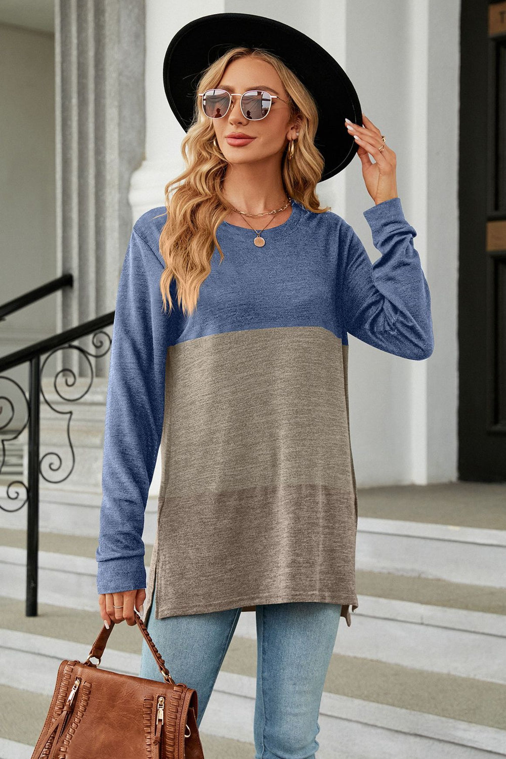 Color Block Round Neck Long Sleeve Slit T-Shirt - Kawaii Stop - Casual Chic, Color Block Tee, Comfortable Fit, Contrast Pattern, Everyday Style, Fashionista's Choice, Long Sleeves, Modern Chic, Opaque Fabric, Round Neck, Ship From Overseas, Shipping Delay 09/29/2023 - 10/02/2023, Slightly Stretchy, Slit Detail, Stylish Statement, T-Shirt, T-Shirts, Tee, Trendy Wardrobe Addition, Unique Design, Women's Clothing, Women's Top, X&D