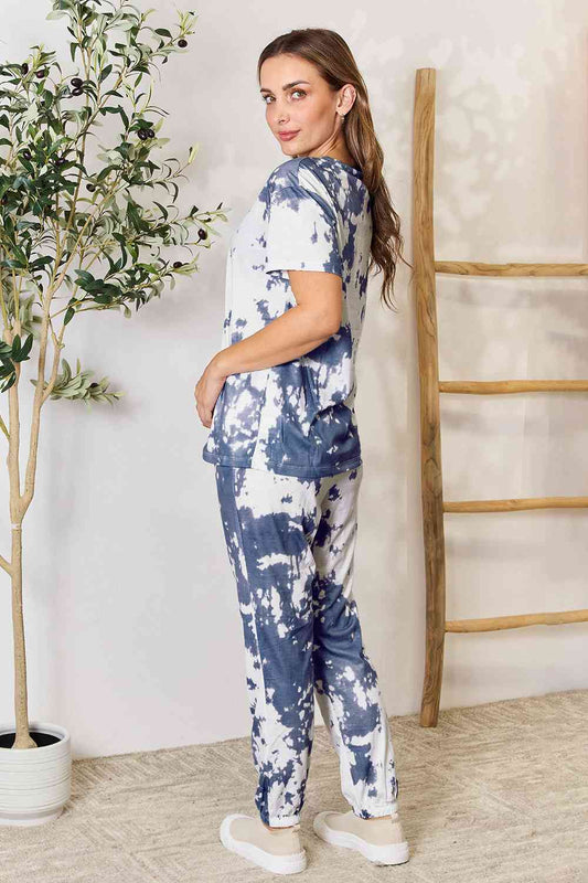 Tie-Dye Tee and Drawstring Waist Joggers Lounge Set - Kawaii Stop - Chic Loungewear, Comfortable, Double Take, Drawstring Waist, Headband, Lounge Set, Machine Washable, Opaque, Polyester, Ship from USA, Slightly Stretchy, Sneaker Outfit, Spandex, Stylish, Tie-Dye, Trendy, Versatile, Women's Fashion