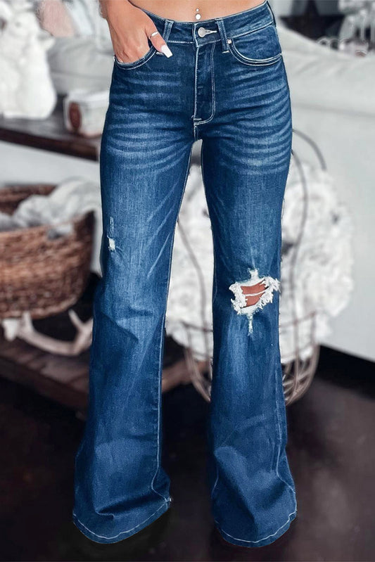 Asymmetrical Open Knee Distressed Flare Jeans - Kawaii Stop - Casual elegance, Chic versatility, Distressed flare, Edgy fashion, Jeans, Jeans for Women, Pockets convenience, Ship From Overseas, Stylish comfort, SYNZ, Trendy design, Versatile denim, Women's Clothing