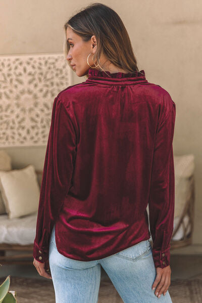 Notched Neck Buttoned Long Sleeve Velvet Blouse - Kawaii Stop - Casual Style, Comfortable Chic, Effortless Style, Elegant Design, Fashion, Luxurious Velvet, Machine Washable, Mock Neck, Polyester Spandex Blend, Ship From Overseas, Sizes S-XL, SYNZ, Tumble Dry Low, Velvet Blouse, Women's Clothing