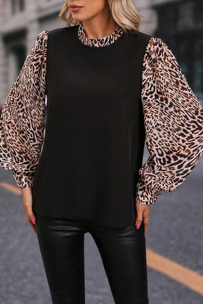 Leopard Mock Neck Lantern Sleeve Blouse - Kawaii Stop - Animal Print, Bold and Chic, Bold Attire, Comfortable Blouse, Early Spring Collection, Effortless Style, Everyday Elegance, Fashion Forward, Fierce Look, Lantern Sleeve Style, Luxurious Feel, Opaque Material, Ship From Overseas, Shipping delay February 8 - February 16, Statement Attire, SYNZ, Women's Fashion