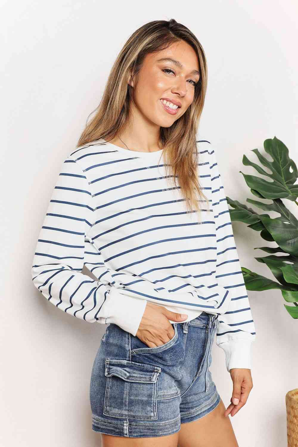 Striped Long Sleeve Round Neck Top - Kawaii Stop - Chic Style, Classic Look, Comfortable Fit, Double Take, Long Sleeve Top, Machine Washable, Opaque Fabric, Round Neck Top, Ship from USA, Striped Pattern, Stylish Wardrobe, Timeless Fashion, Versatile Top, Wardrobe Essential
