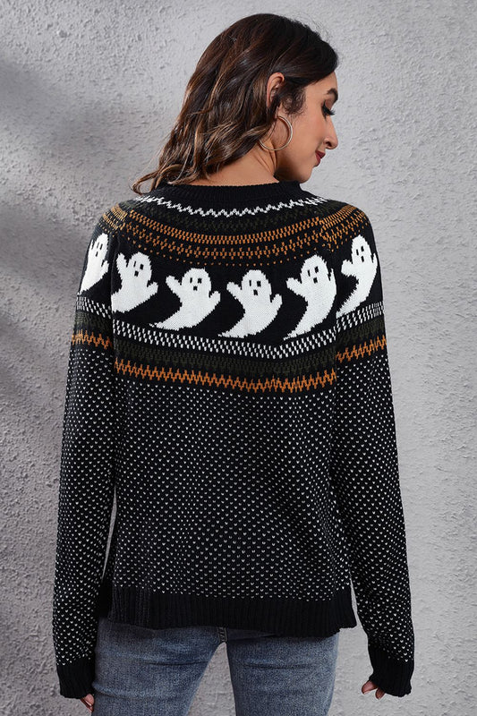 Ghost Pattern Round Neck Long Sleeve Sweater - Kawaii Stop - Acrylic Material, B&S, Chic Style, Chic Sweater, Comfortable Fit, Cozy, Everyday Wear, Fall Wardrobe, Fashionable Sweater, Ghost Pattern, Halloween, Machine Wash, Moderate Stretch, Playful Design, Seasonal Apparel, Ship From Overseas, Shipping Delay 09/29/2023 - 10/01/2023, Trendy, Versatile, Women's Clothing