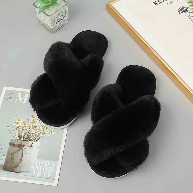 Faux Fur Crisscross Strap Slippers - Kawaii Stop - Cozy Comfort, Crisscross Strap, Faux Fur, Flats, Imported, J.Y.D, Luxurious Feel, Relaxation at its Best, Ship From Overseas, Shipping Delay 09/29/2023 - 10/03/2023, Slippers, TPR Sole, Warmth and Style