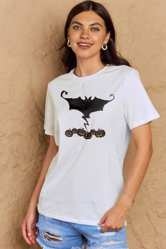 Full Size Bat & Pumpkin Graphic Cotton T-Shirt - Kawaii Stop - Breathable Material, Casual Chic, Comfortable Fit, Effortless Elegance, Fashion Must-Have, Festive Fashion, Graphic T-Shirt, Halloween, Halloween Fun, Ship From Overseas, Shipping Delay 09/29/2023 - 10/04/2023, Simply Love, Sizes for Everyone, Soft and Stretchy, Stylish Wardrobe, Wardrobe Upgrade