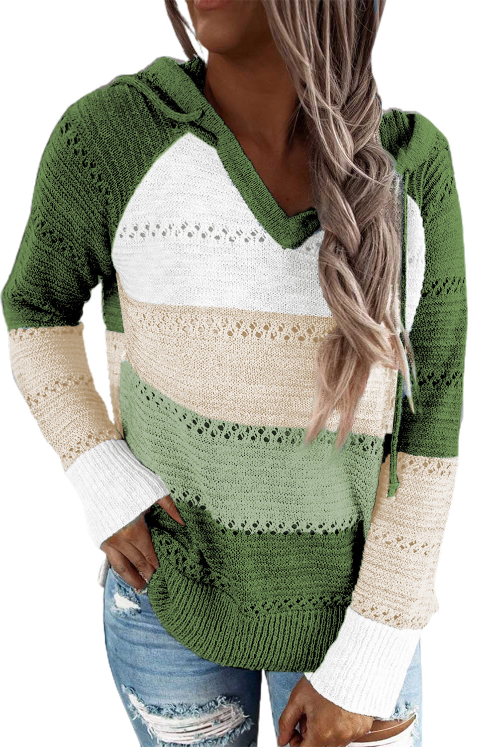 Full Size Color Block Knitted Hoodie - Kawaii Stop - Kawaii Shop