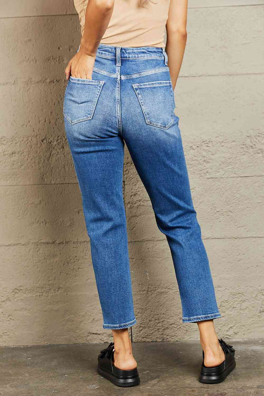 High Waisted Cropped Dad Jeans - Kawaii Stop - Ankle Boots, BAYEAS, Chic Style, Comfortable Jeans, Cropped Length, Dad Fit, Dark-Wash Denim, Distressed Details, Edgy Look, Fashionable, Graphic Tee, High Waisted Jeans, Ship from USA, Stretchy Denim, Stylish Outfit, Trendy Jeans, Urban Flair, Women's Fashion