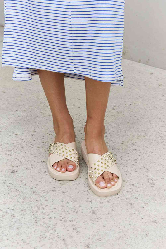 Studded Cross Strap Sandals in Cream - Kawaii Stop - Beach Style, Casual Comfort, Cross Strap Design, Faux Leather, Flat Heels, Flats, Forever Link, Modern Elegance, Ship from USA, Slippers