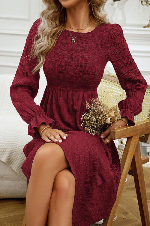 Round Neck Velvet Smocked Flounce Sleeve Dress - Kawaii Stop - Dress for All Events, DY, Effortless Elegance, Elegant Dress, Flounce Sleeve, Luxurious Fashion, Modern Fashion, Opulent Look, Ship From Overseas, Smocked Dress, Special Occasion, Stylish Outfit, Velvet Dress, Women's Clothing