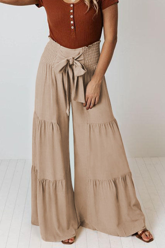 Tie Front Smocked Tiered Culottes - Kawaii Stop - Boho, Capris, Casual, Comfortable, Culottes, Everyday Fashion, Fashion, Imported, MDML, Pants, Rayon, Ship From Overseas, Shipping Delay 09/29/2023 - 10/02/2023, Style, Tie Front, Tiered, Women's Clothing