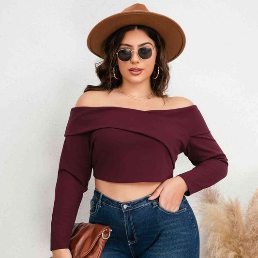 Plus Size Off-Shoulder Long Sleeve Cropped Top - Kawaii Stop - Blouses, CATHSNNA, Ship From Overseas